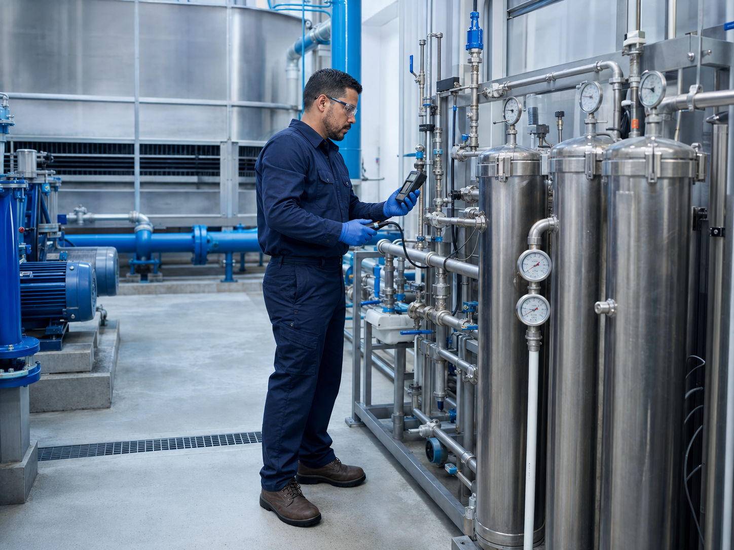 Técnico especializado revisando un sistema industrial de tratamiento de agua